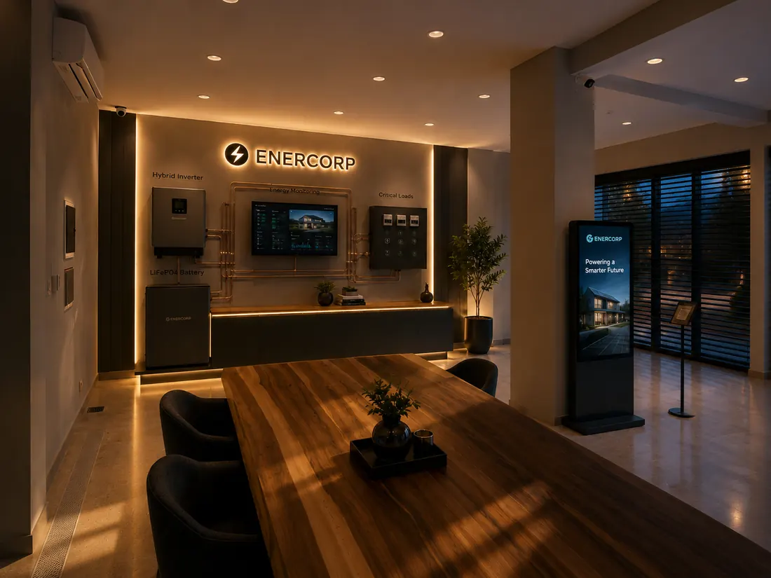 Showroom Enercorp con inversor híbrido, baterías de litio, monitoreo y tablero de cargas críticas